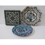 19th CENTURY MINTON "Persian" design octagonal dessert plate; also Persian style tile a/f and 1