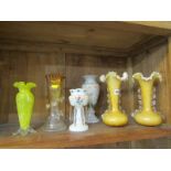ANTIQUE GLASSWARE, pair of gilt fleck crinoline glass, 24cm vases, 2 painted milk glass vases and