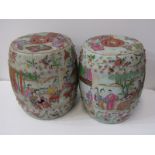 ORIENTAL CERAMICS, pair of 19th Century Chinese Canton barrel shaped stands, decorated with court