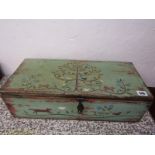 FOLK ART, painted document box, decorated with birds in tree and running dogs, 51cm width