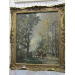 G. LEON LITTLE, signed oil on canvas, "Leading the horses through the avenue of trees", 59cm x 48cm
