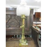 VICTORIAN ORNATE BRASS COLUMN CANDLE TABLE LAMP, naturalistic moulded stem with frosted glass