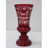 BOHEMIAN GLASS 19th Century etched glass goblet vase decorated with stag and country house design,