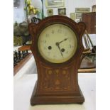 ANTIQUE INLAID MANTEL CLOCK, floral and foliate inlaid mahogany mantel clock, French coiled bar