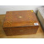 VICTORIAN WALNUT INLAID NEEDLEWORK BOX with mother-of-pearl and straw work decoration, 30cm width