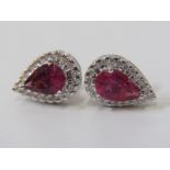 18ct WHITE GOLD PINK TOURMALINE & DIAMOND STUD EARRINGS, principal pear cut tourmalines, each