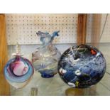 ART GLASS Murano style spherical vase and also art glass perfume decanter and blue glass spill vase
