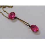9CT YELLOW GOLD PINK STONE DROP PENDANT, on 9ct yellow gold chain