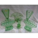 VINTAGE GLASSWARE, 2 pairs of green glass Art Deco style vases and 2 other pieces