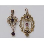 2 VINTAGE MODERN 9CT YELLOW GOLD PENDANTS, 1 with amethyst & seed pearl the other amethyst, both are