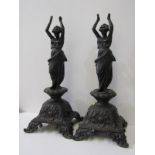 ANTIQUE METALWARE, pair of late Victorian painted spelter square base sculptures of young ladies,