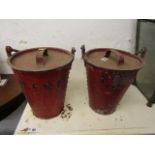 VINTAGE FIRE BUCKETS, 2 red enamelled fire buckets with original lids