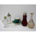 2 SILVER TOPPED SUGAR DREDGERS, 19th Century Bohemian perfume glass base, enamelled cut glass