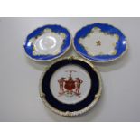 CHAMBERLAINS WORCESTER, heraldic plate "Feros. Ferio", together with pair of Coalport design crested
