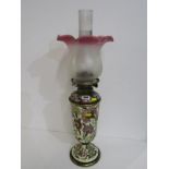ANTIQUE OIL LAMP, Zsolnay-style base and reservoir oil lamp with cranberry tinted frosted glass