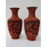 ORIENTAL LACQUER, pair of Chinese cinnabar carved design 23" club vases, decorated with relief