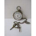 SILVER CASED FOB WATCH, 935 silver, on silver HM Albert chain with T bar and key, watch appears to