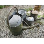 GALVANIZED WATERING CANS, 3 galvanized watering cans assorted sizes & a mop bucket