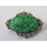 BOXED JADE & DIAMOND BROOCH, set in 18ct white gold, box marked "Meurier Micol Jewellers, Hope