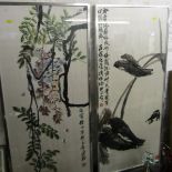 ORIENTAL ART, pair of signed silk pictures "Wisteria and Lillies", 103cm x 40cm