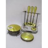 ART DECO RING BOX & MANICURE SET, circular silver ring box with yellow enamelled decoration,