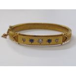 15ct GOLD SAPPHIRE AND DIAMOND SET BANGLE, inscription on the inside dated 1919, superb condition,