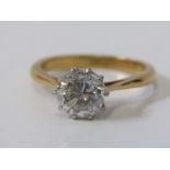 18CT YELLOW GOLD DIAMOND SOLITAIRE RING, principal transitional brilliant cut diamond in 10 claw