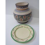 CLARICE CLIFF, green bordered tea plate; also Hako retro vase, 19cm height