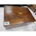 VICTORIAN WALNUT WRITING BOX, brass escutcheon, 30cm width