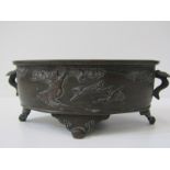 ORIENTAL METALWARE, Japanese bronze oval twin handled bowl, relief bird and bamboo decoration,