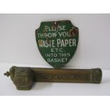 VINTAGE ENAMEL SIGN, "Please Throw Your Waste Paper....", 13cm height; also Eastern brass travelling