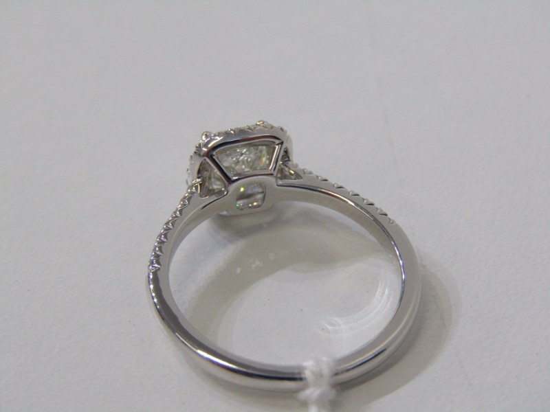 18ct WHITE GOLD DIAMOND SOLITAIRE RING, principal fancy cushion cut diamond set in diamond halo - Image 4 of 5