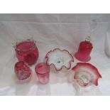 CRANBERRY GLASS, Mary Gregory tumbler, night light holder, table bell, etc