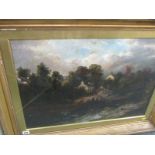19th CENTURY ENGLISH SCHOOL indistinctly signed oil on canvas , inscribed on reverse, "Ferry on