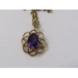 YELLOW METAL, TESTS 9ct BELCHER LINK NECKLACE WITH AMETHYST PENDANT, combined weight approx. 4.8
