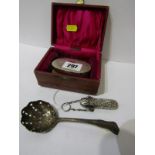 CASED SILVER TRAVELLING BRUSH, also embossed silver needle case on chain and silver pierced shell