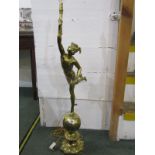 BRASS TABLE LAMP, depicting Mercury on globe base, 104cm height