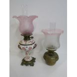 VINTAGE OIL LAMP, Zsolnay-style base oil lamp with pink spatter glass shade; together with brass