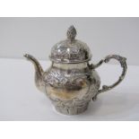 VICTORIAN MINIATURE TEAPOT with embossed Rococo design and scroll handle, London 1893, 220 grams