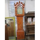 CORNISH LONGCASE CLOCK, painted break arch face with riverside cottages by T Treleaven of Bodmin,