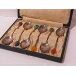 LIBERTY, cased set of 6 coffee bean spoons with gem stone finials