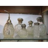PERFUME BOTTLES, collection of 4 various cut glass spherical perfume bottles, also similar sprayer