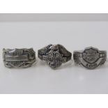 3 SILVER HARLEY DAVIDSON RINGS, 3 heavy silver rings, various sizes