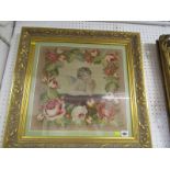 VICTORIAN TAPESTRY, Berlinwork panel 'Cupid within floral surround', 39cm square