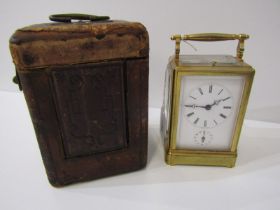 CARRIAGE CLOCK, repeater brass cased carriage clock by Grohe of Paris, with secondary alarm dial,