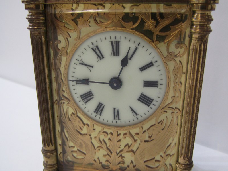 ARTS & CRAFT DESIGN BRASS FLUTED COLUMN SUPPORT CARRIAGE CLOCK, with engraved and fretwork face - Image 3 of 6