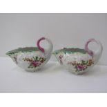18th CENTURY WORCESTER, pair of leaf moulded sauce boats decorated with floral sprays and pink