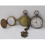 POCKET WATCHES, selection of 3 pocket watches, 1 silver cased, 1 gold plated, 1 military on a yellow