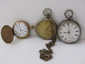 POCKET WATCHES, selection of 3 pocket watches, 1 silver cased, 1 gold plated, 1 military on a yellow