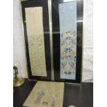 EASTERN EMBROIDERY, 2 framed Chinese gown panels 84cm x 18cm; also Eastern painting on silk, "